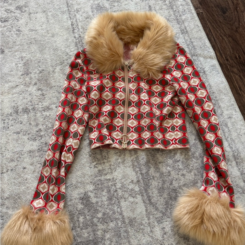 Show Me Your MuMu Red and Gold Faux Fur Cardigan